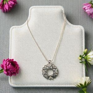 Silver Tone Open Heart Geometric Pendant Necklace, Romantic Statement Jewelry